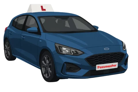 Cartoon image of blue ford focus instructor car