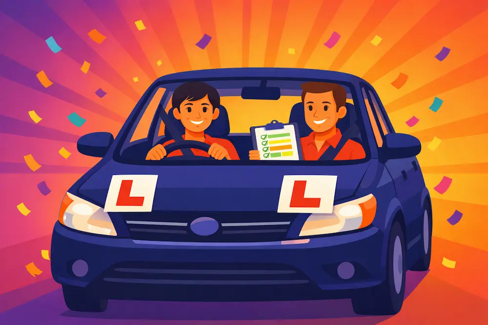 Learner driver practicing driving with an instructor